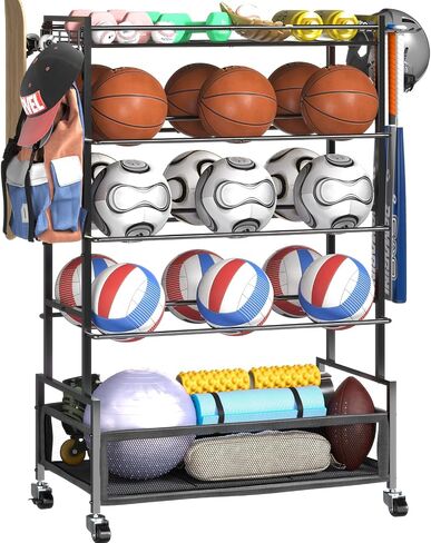 SOYEEZE Sports Equipment Organizer- Ball Storage for Garage,4 Tiers Outdoor Toy Storage,Soccer Racks,Basketball Shooting Training Stand Cart with Wheels and Hooks for Home-School and Gym Use in Kuwait