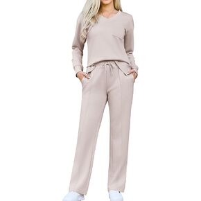 difficort Women's 2 Piece Lounge Sets Casual Travel Airport Outfits Side Slit V-Neck Tops & Wide Leg Pants Matching Set in Kuwait