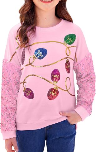BesserBay Girls Christmas Long Sleeve Funny Shirt Sequin Patchwork Crop Tops 6-14 Years in Saudi Arabia