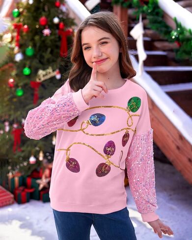 BesserBay Girls Christmas Long Sleeve Funny Shirt Sequin Patchwork Crop Tops 6-14 Years in Saudi Arabia