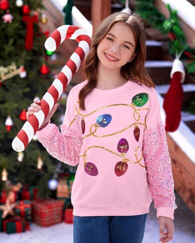 BesserBay Girls Christmas Long Sleeve Funny Shirt Sequin Patchwork Crop Tops 6-14 Years in Saudi Arabia