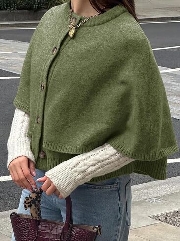 Saodimallsu Womens Cape Cardigan Knit Button Up Crew Neck Fall Trendy Cropped Loose Sweater Jacket in Saudi Arabia