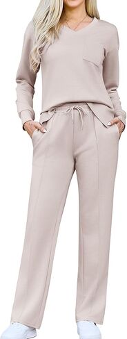 difficort Women's 2 Piece Lounge Sets Casual Travel Airport Outfits Side Slit V-Neck Tops & Wide Leg Pants Matching Set in Kuwait