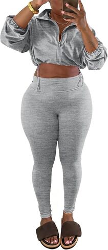 Ophestin Women 2 Piece Outfits Workout Sets Long Sleeve Zip Up Crop Jacket Bodycon Pant Tracksuit Jogging Suit in Saudi Arabia