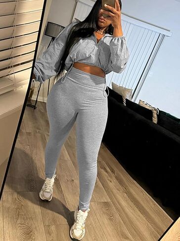 Ophestin Women 2 Piece Outfits Workout Sets Long Sleeve Zip Up Crop Jacket Bodycon Pant Tracksuit Jogging Suit in Saudi Arabia