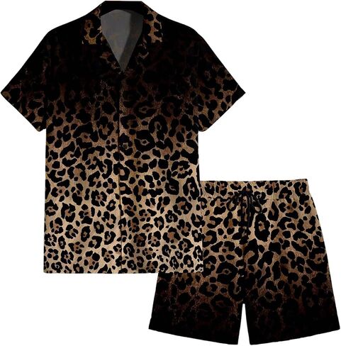 Men's 2 Piece Cheetah Print Vacation Outfits Short Sleeve Cruise Shirts and Leopard Beach Shorts Resort Wear in Saudi Arabia
