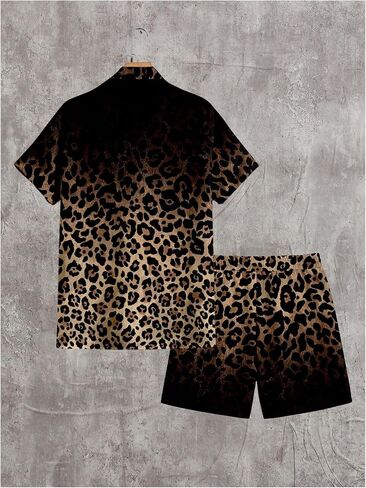Men's 2 Piece Cheetah Print Vacation Outfits Short Sleeve Cruise Shirts and Leopard Beach Shorts Resort Wear in Saudi Arabia