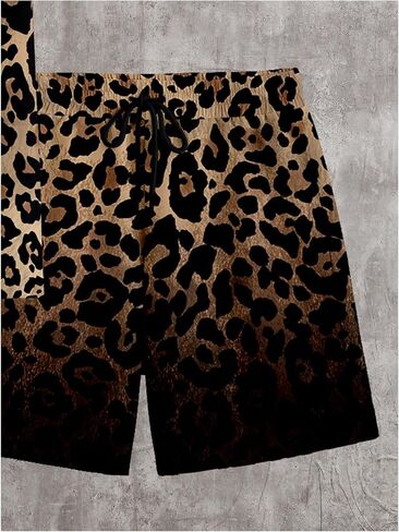 Men's 2 Piece Cheetah Print Vacation Outfits Short Sleeve Cruise Shirts and Leopard Beach Shorts Resort Wear in Saudi Arabia