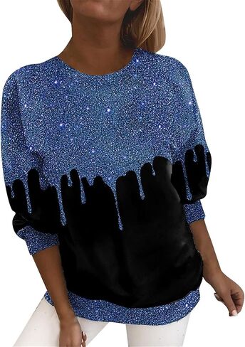 المرأة الترتر طباعة تي شيرت حجم كبير كم طويل عادية سباركلي القمم بريق Crewneck بلوزات للعمل/حفلة in Kuwait