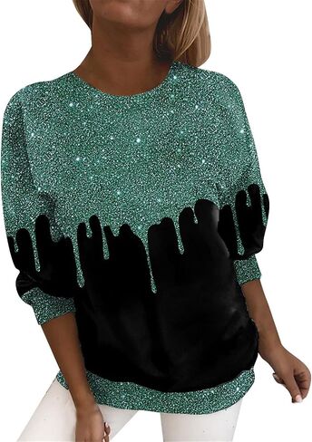 المرأة الترتر طباعة تي شيرت حجم كبير كم طويل عادية سباركلي القمم بريق Crewneck بلوزات للعمل/حفلة in Kuwait