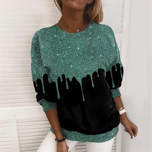 المرأة الترتر طباعة تي شيرت حجم كبير كم طويل عادية سباركلي القمم بريق Crewneck بلوزات للعمل/حفلة in Kuwait