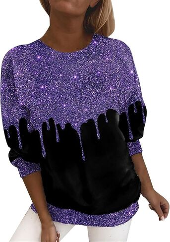 المرأة الترتر طباعة تي شيرت حجم كبير كم طويل عادية سباركلي القمم بريق Crewneck بلوزات للعمل/حفلة in Kuwait