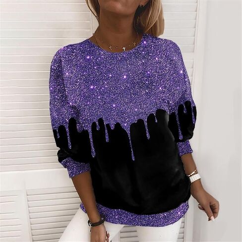 المرأة الترتر طباعة تي شيرت حجم كبير كم طويل عادية سباركلي القمم بريق Crewneck بلوزات للعمل/حفلة in Kuwait