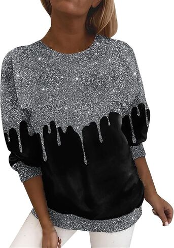 المرأة الترتر طباعة تي شيرت حجم كبير كم طويل عادية سباركلي القمم بريق Crewneck بلوزات للعمل/حفلة in Kuwait