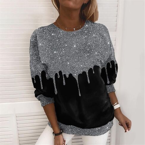 المرأة الترتر طباعة تي شيرت حجم كبير كم طويل عادية سباركلي القمم بريق Crewneck بلوزات للعمل/حفلة in Kuwait