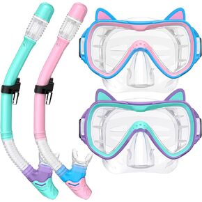 2025 Cute Kitten Kids Snorkel Set,Pastel Colors, Anti-Fog Tempered Glass Snorkeling Gear for Kids Age 6 and up – Ideal for Birthdays or Graduation Celebrations! in Kuwait