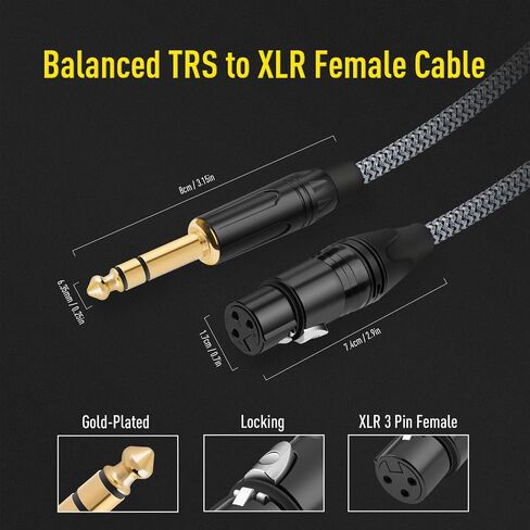 6.35 ملم TRS إلى XLR كابل أنثى 6.6FT، 1/4 بوصة TRS إلى XLR أنثى كابل توصيل إشارة متوازن، ربع بوصة إلى 3 دبوس كابل توصيل للميكروفون، الخلاطات، AMP، مكبرات الصوت (1 قطعة) in Kuwait