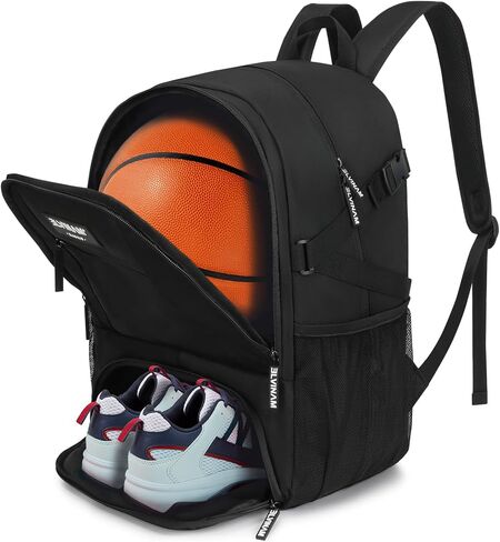 Basketball Backpack with Shoe and Ball Compartment - 38L Large Sports Equipment Bag for Basketball, Football, Soccer, Volleyball, Training and Gym for Men and Women, Black Water-Resistant Bag in Saudi Arabia
