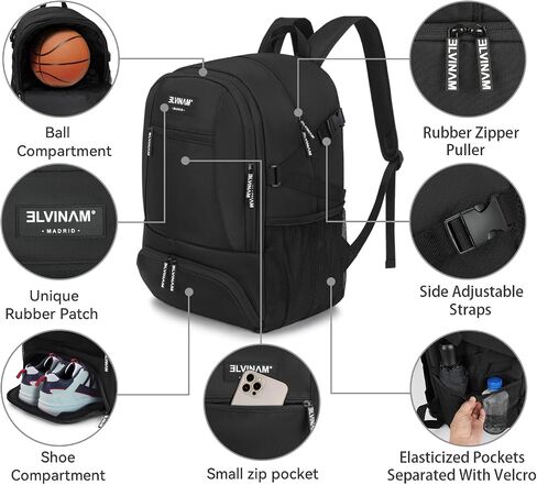 Basketball Backpack with Shoe and Ball Compartment - 38L Large Sports Equipment Bag for Basketball, Football, Soccer, Volleyball, Training and Gym for Men and Women, Black Water-Resistant Bag in Saudi Arabia
