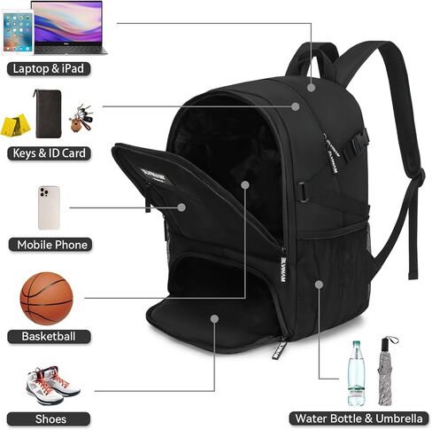 Basketball Backpack with Shoe and Ball Compartment - 38L Large Sports Equipment Bag for Basketball, Football, Soccer, Volleyball, Training and Gym for Men and Women, Black Water-Resistant Bag in Saudi Arabia