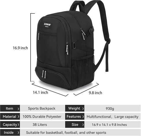 Basketball Backpack with Shoe and Ball Compartment - 38L Large Sports Equipment Bag for Basketball, Football, Soccer, Volleyball, Training and Gym for Men and Women, Black Water-Resistant Bag in Saudi Arabia