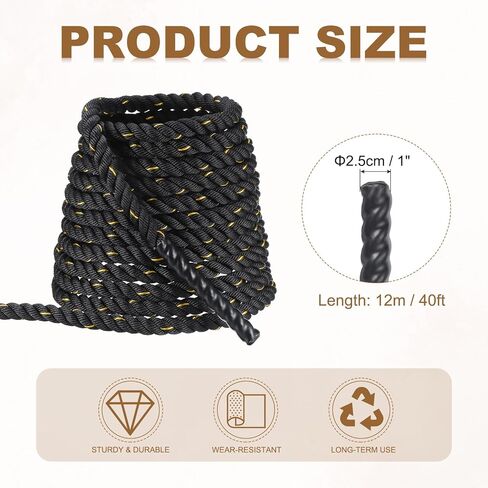 حبل Meccanixity Battle Rope 20ft × 1 بوصة حبل تمرين على حبل اللياقة الثقيلة حبل لتدريب القوة على بناء العضلات الصالة الرياضية ، الأصفر الأسود in Saudi Arabia