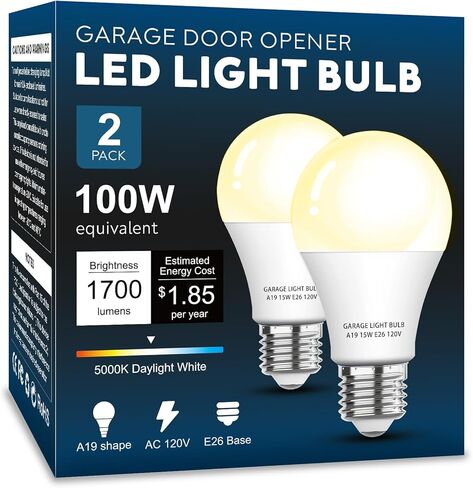 فتحة باب المرآب LED مصباح LED 2 حزمة ， 15W مكافئة لمبة ضوء المرآب 100W ، A19 5000K ضوء النهار بيضاء E26 قاعدة 120 فولت في الهواء الطلق ، تقليل التداخل ، Dimmable in Kuwait