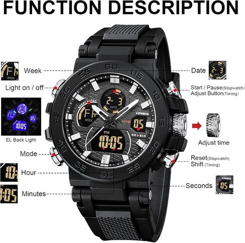 LN LENQIN Mens Watches Digital Military Watch for Men Stopwatch Army Survival Tactical Sports Outdoor Big Face Waterproof Men's Wrist Watches with LED Backlight/Timer/Alarm/Date (Black) in Saudi Arabia