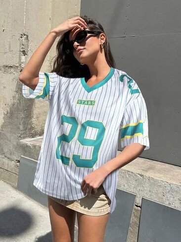 Jersey Shirts for Women Oversized: Y2K V Neck Striped Number Graphic Jersey Y2K Streetwear Short Sleeve Tee Tops in Saudi Arabia