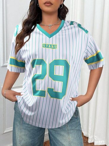 Jersey Shirts for Women Oversized: Y2K V Neck Striped Number Graphic Jersey Y2K Streetwear Short Sleeve Tee Tops in Saudi Arabia