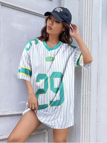 Jersey Shirts for Women Oversized: Y2K V Neck Striped Number Graphic Jersey Y2K Streetwear Short Sleeve Tee Tops in Saudi Arabia