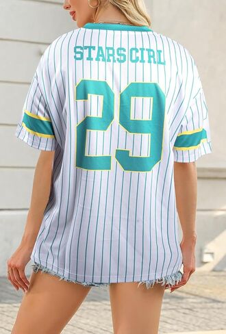Jersey Shirts for Women Oversized: Y2K V Neck Striped Number Graphic Jersey Y2K Streetwear Short Sleeve Tee Tops in Saudi Arabia