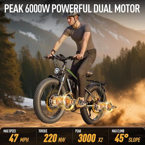 محرك مزدوج Ebike 6000W Peak للبالغين - بطارية معتمدة 58V 34AH 24 بوصة دراجة كهربائية بإطار سميك شاشة LCD سريعة 47 ميل في الساعة 105 ميل لجميع التضاريس in Kuwait