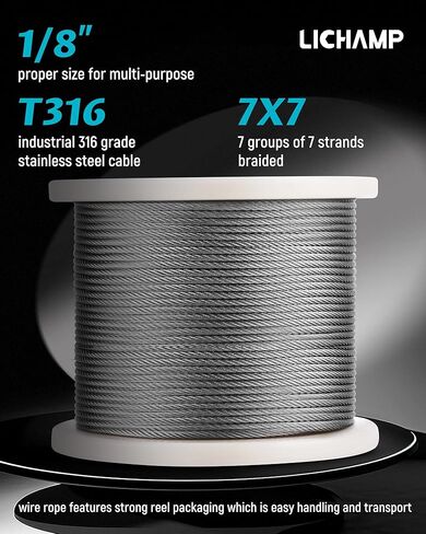 Lichamp 350ft 1/8 "كابل حبل السلك الفولاذ المقاوم للصدأ ، طائرة 316 SS سلك الصلب مضفر الأجهزة الكابل المعدني رفيع لنظام السلامة درابزين درابزين ، SSC350 in Saudi Arabia