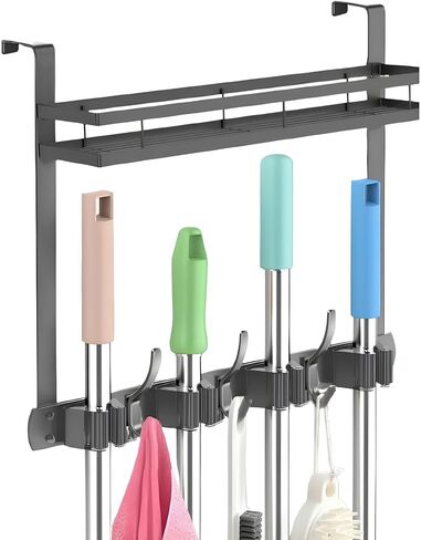 Broom Holder Over The Door Over Door Broom and Mop Rack Over The Door Hooks Organizer With4 Slots & 3 Hooks 1 Storage Basket For Laundry Room, Garage, Closet, Kitchen Decor (black) in Kuwait