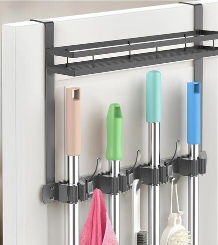 Broom Holder Over The Door Over Door Broom and Mop Rack Over The Door Hooks Organizer With4 Slots & 3 Hooks 1 Storage Basket For Laundry Room, Garage, Closet, Kitchen Decor (black) in Kuwait
