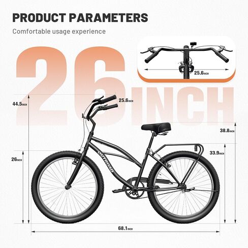 Betterland Beach Cruiser Bike, 24/26 inch Commuter Bicycle for Adult Men and Women, Comfortable City Bikes with Rear Rack or Basket in Kuwait