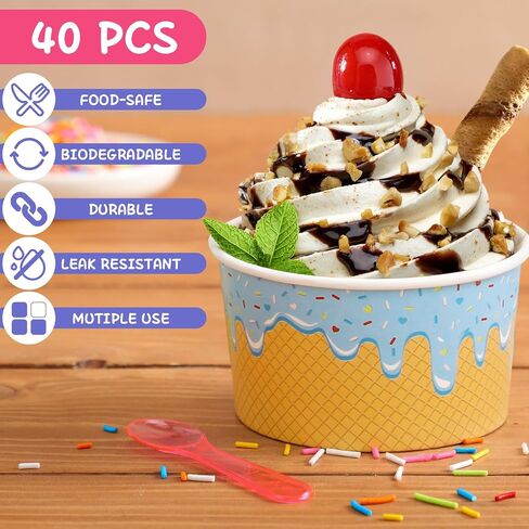40 Pack 6 oz Ice Cream Cups with Spoons Paper Dessert Cups Colorful Sundae Bowls Disposable Ice Cream Containers for Hot Soup Spring Summer Graduation Bar Party Supplies in Saudi Arabia