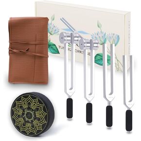 Tuning Forks for Healing Set – Weighted 128Hz 136.1Hz 256Hz 384Hz with Activator, Crystal & Leather Pouch – Relaxation & Meditation Tools for Energy Balance and Sound Support in Saudi Arabia