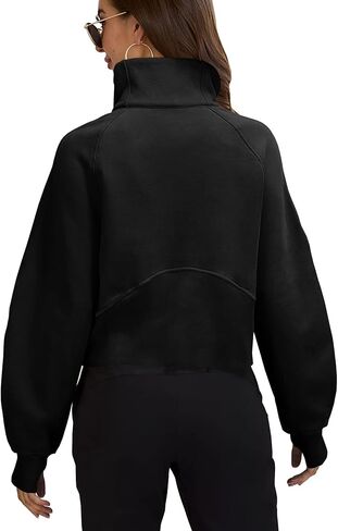 بلوزات نسائية نصف سحاب بلوفر قصير رقبة على شكل قمع صوف مبطن بسحاب وأكمام طويلة فتحة إبهام سوداء in Kuwait