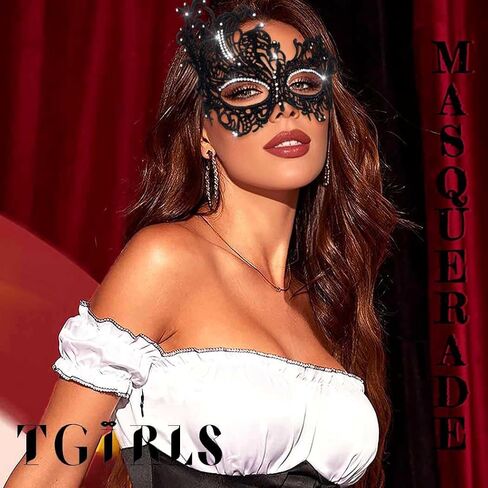 Tgirls Rhinestone Masquerade Mask Crystal Tassel Lace Mask Costume Party Eye Mask Sparkly Face Masks in Kuwait