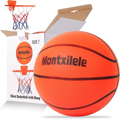 Indoor Silent Basketball Size 7 with Hoop (29.5") – Airless Foam Ball for Quiet Indoor Dribbling, Ships Uncompressed, Foldable Wall-Mounted Hoop with Adhesive Mount, No Drilling in Saudi Arabia