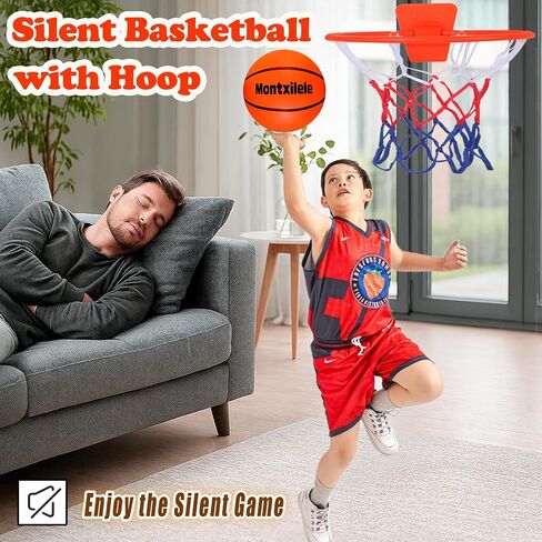 Indoor Silent Basketball Size 7 with Hoop (29.5") – Airless Foam Ball for Quiet Indoor Dribbling, Ships Uncompressed, Foldable Wall-Mounted Hoop with Adhesive Mount, No Drilling in Saudi Arabia