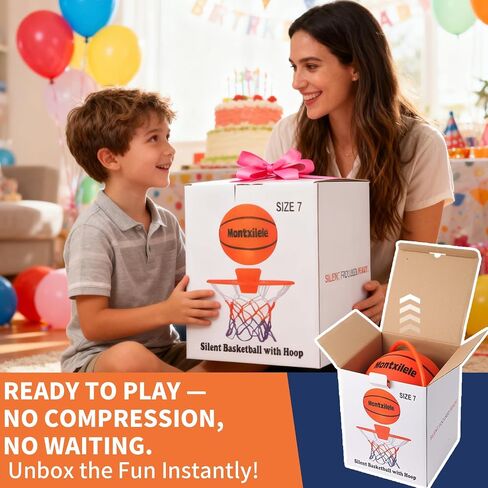 Indoor Silent Basketball Size 7 with Hoop (29.5") – Airless Foam Ball for Quiet Indoor Dribbling, Ships Uncompressed, Foldable Wall-Mounted Hoop with Adhesive Mount, No Drilling in Saudi Arabia