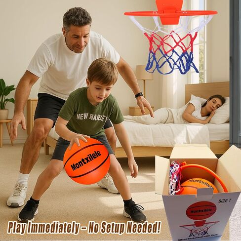 Indoor Silent Basketball Size 7 with Hoop (29.5") – Airless Foam Ball for Quiet Indoor Dribbling, Ships Uncompressed, Foldable Wall-Mounted Hoop with Adhesive Mount, No Drilling in Saudi Arabia