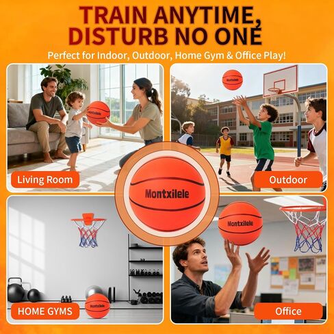 Indoor Silent Basketball Size 7 with Hoop (29.5") – Airless Foam Ball for Quiet Indoor Dribbling, Ships Uncompressed, Foldable Wall-Mounted Hoop with Adhesive Mount, No Drilling in Saudi Arabia