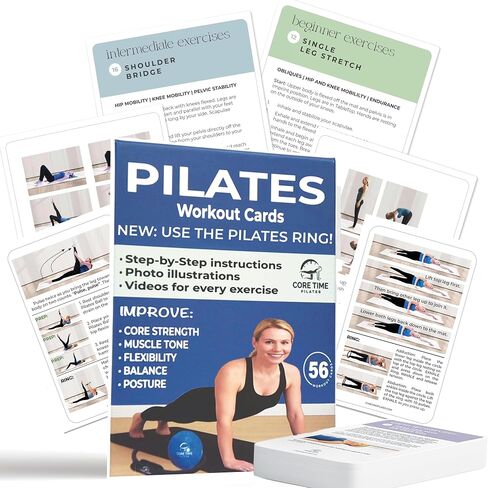 بطاقات Pilates للتمرين المنزلي - بطاقات فلاش مع صور ومقاطع فيديو - اختياري للاستخدام مع Pilates Ring Circle Ball- - 56 بطاقة تمرين لمجموعة Pilates في المنزل- in Saudi Arabia