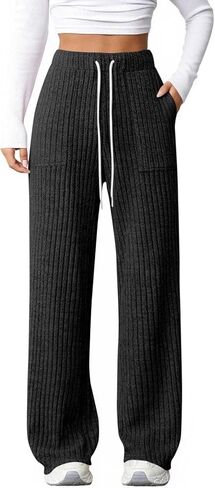 Women's Wide Leg Lounge Yoga Pants Baggy Sweatpants Ribbed Knit High Waisted Comfy Workout Pants Soft Trousers in Saudi Arabia