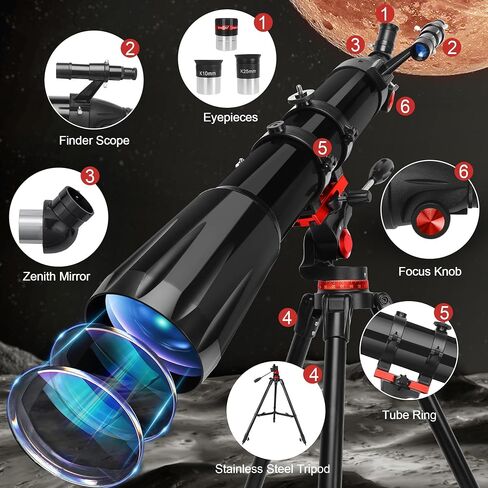 Telescope, Telescope for Adults High Powered, 90mm Aperture 1000mm Astronomical Refractor Telescopes for Beginners, Magnification 500X, with Three Eyepieces, Phone Adapter & Carrying Bag in Kuwait