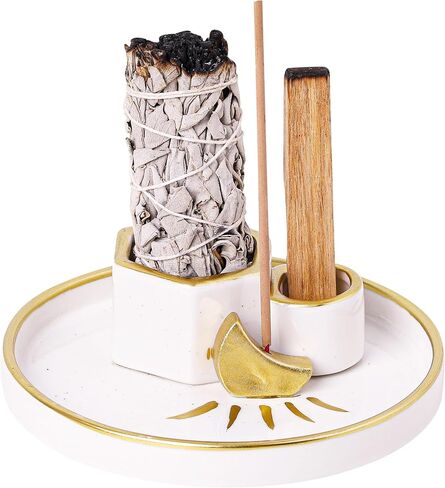 Incense Holder Burner, Ceramic Incense Holder for Palo Santo Sage Cedar Bundles Incense Sticks and Candle, Smudge Dish for Meditation Yoga, Modern Home Decor (Gold-Moon1) in Saudi Arabia